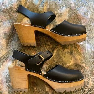 MIA Abba Lug Sole Black Clogs with Wooden Heel